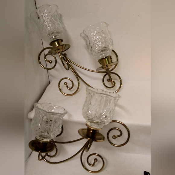 2 Brass Tealight Wall Candelabra Sconces Holders W/4 Crystal Diamond Cut Glass